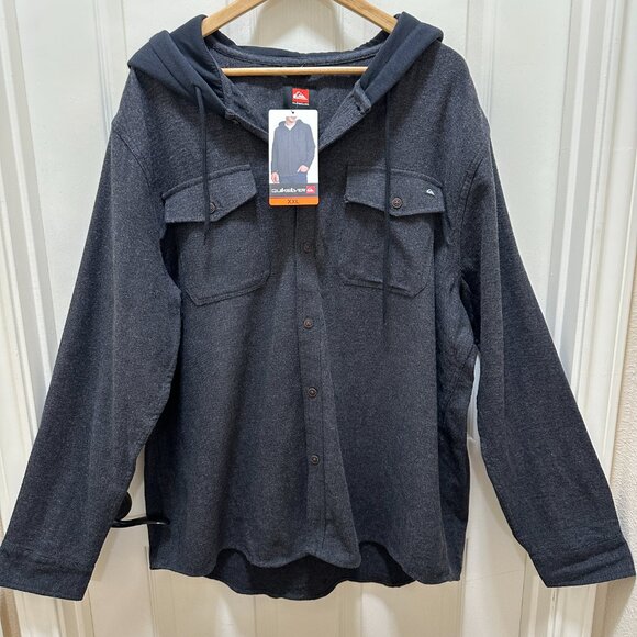 Quiksilver Men's Hooded Buttoned Flannel Shirt Size XXL Black Plaid Y2K (NEW) - Picture 2 of 13